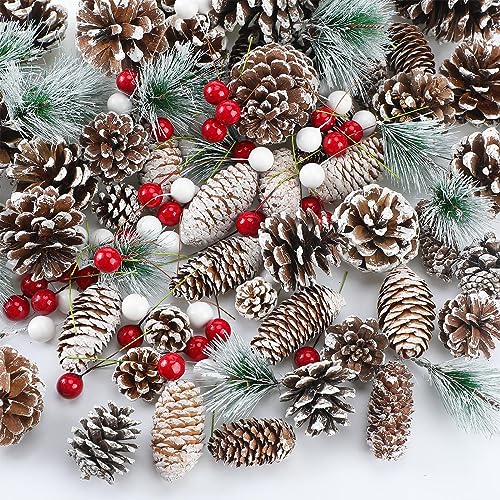 Liliful 270 Pcs Christmas Pine Cones for Crafts Holly Berry Pine Branch Set Frosted Pine Cones Christmas Pine Cones and Berries Christmas Picks and Sprays Xmas Vase Filler Wreath Decorations for DIY