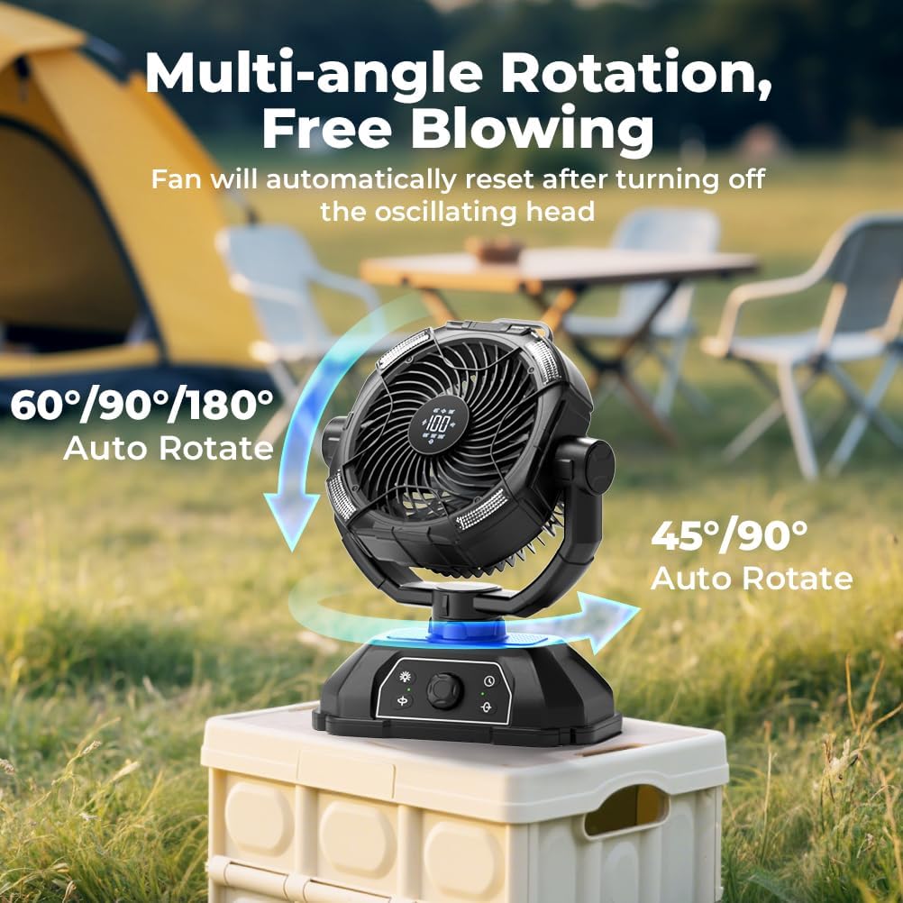 Rechargeable Camping Fan 30000mAh with RGB Lantern, 0-100 Wind Speeds Portable Battery Operated Oscillating with LED Display, 360° Airflow Tent Beach Cordless Travel Fans for Outdoor Home Office - Image 6