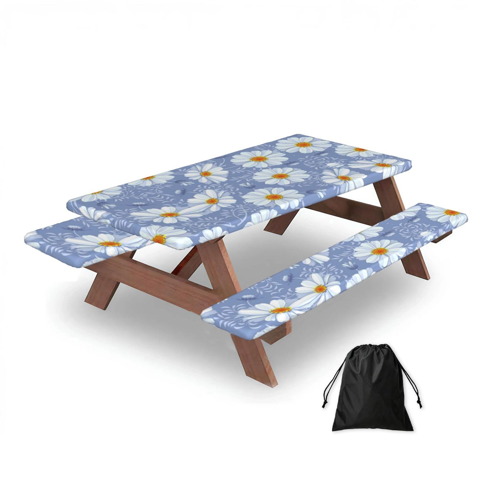 ESNAIUVCD Blue Print Picnic Table Cover With Bench Covers,Camping Essentials,Fitted Tablecloth Cover With Elastic Edge, For Indoor & Outdoor 3 Pcs