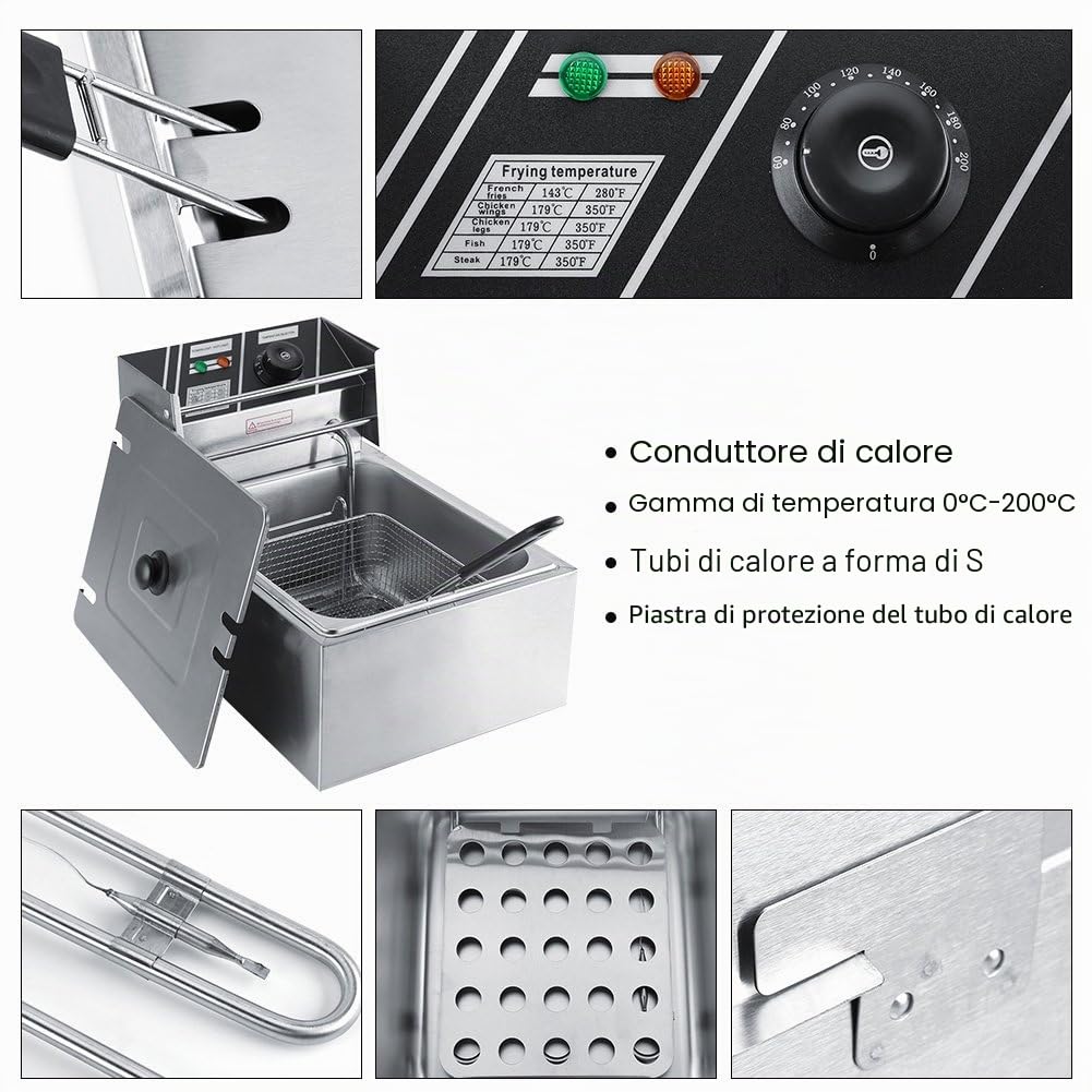 Friggitrice Elettrica Professionale 6L, 2500W, Friggitrice ad Olio in Acciaio Inox, con Cestello, Regolatore di Temperatura, per Catering, Patatine Fritte, Pollo