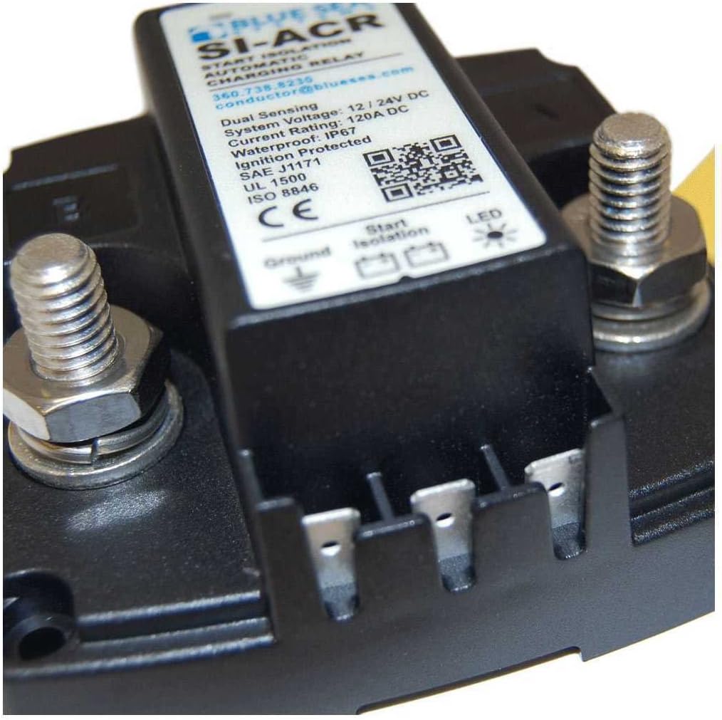 Close-up of Blue Sea 7610 SI-ACR terminals and label.