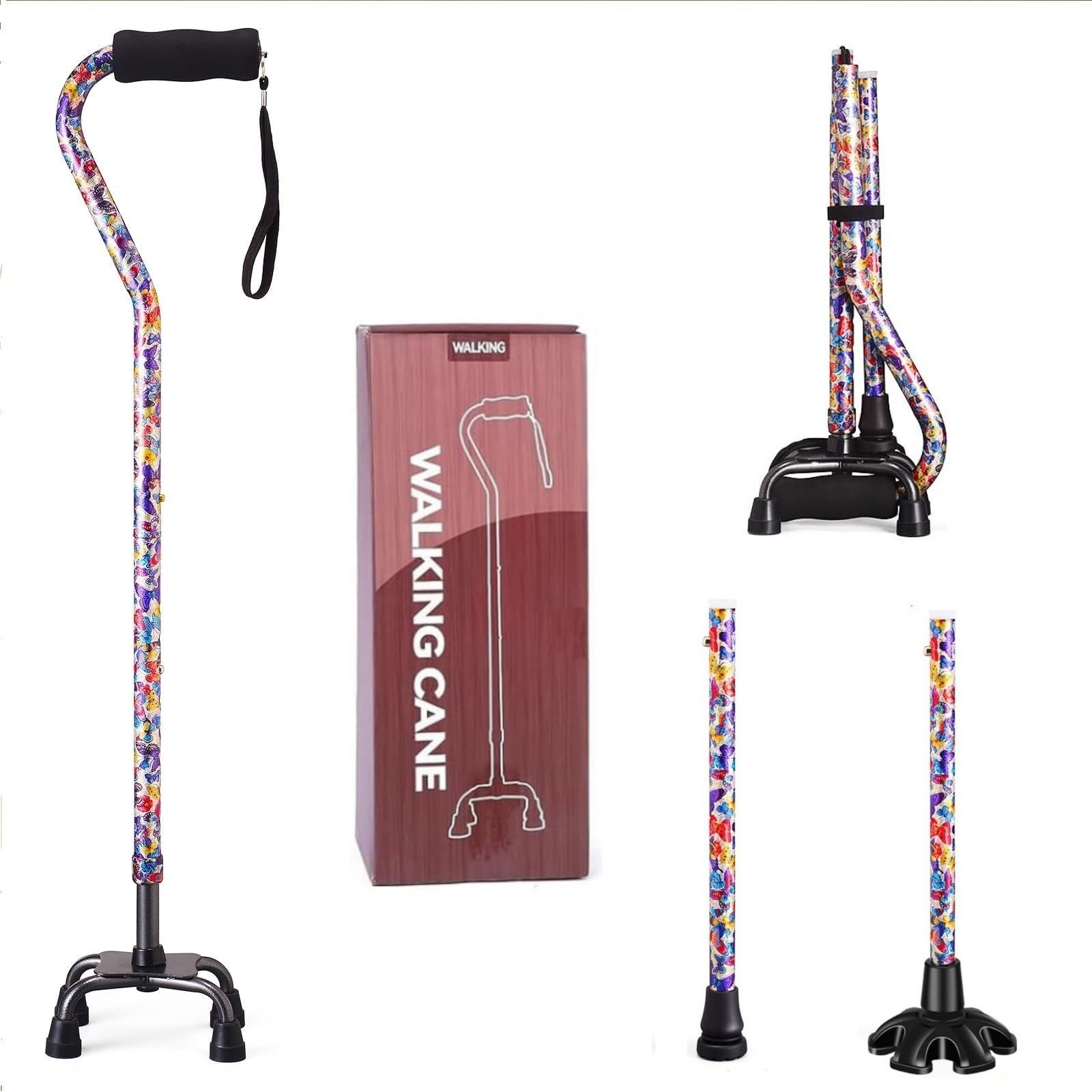 Walking Cane for Women & Men, Adjustable Quad Cane with 4-Prong Base for Stability and Balance, Folding Aluminum Walking Stick for Seniors