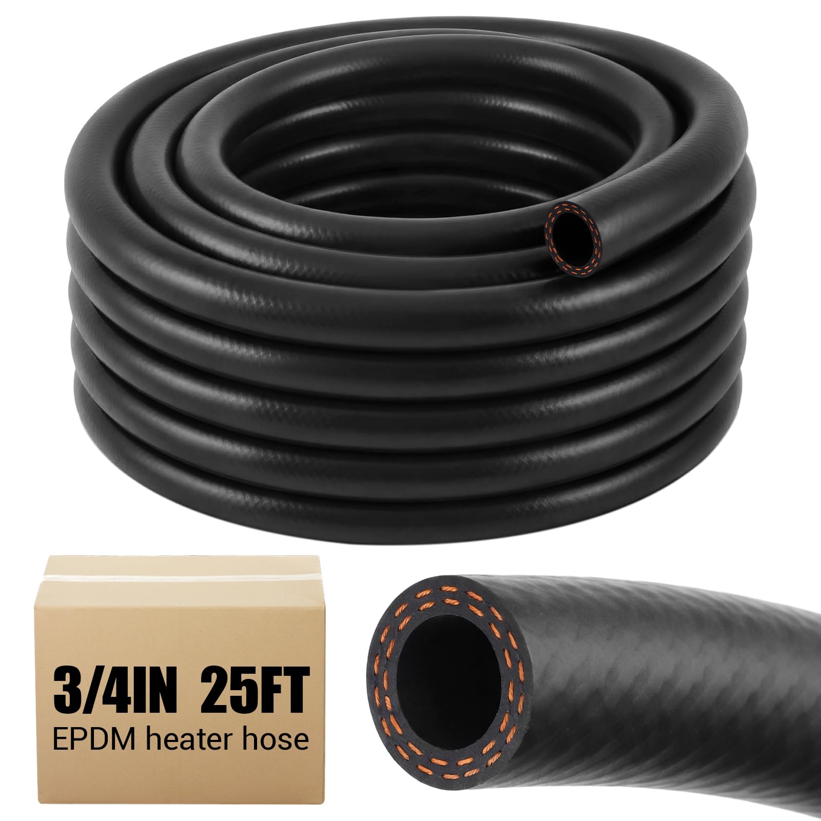 Outus 3/4'' 25ft Heater Hose EPDM Coolant Radiator 85 PSI 2-Ply Black