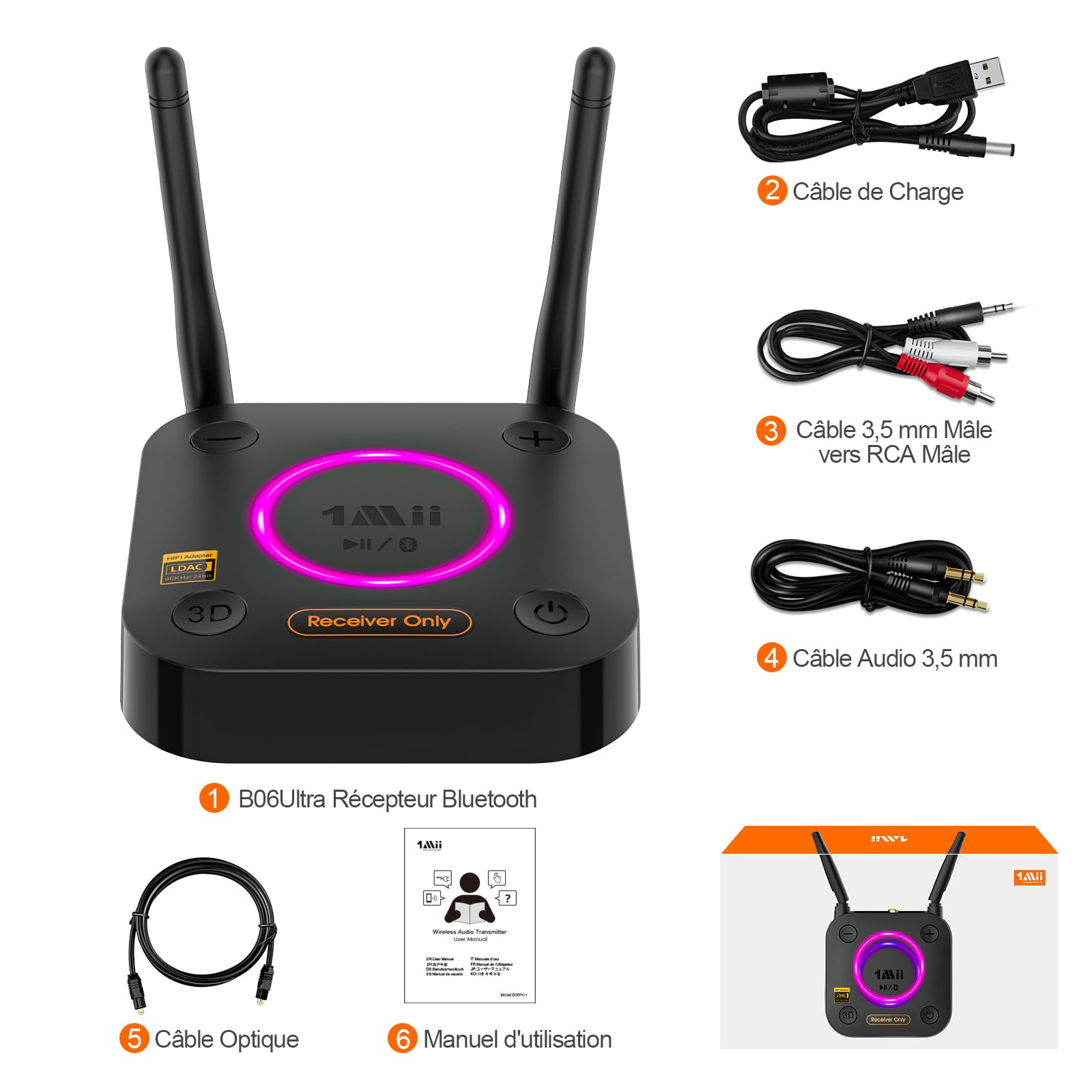 1Mii B06Ultra Récepteur Bluetooth 5.2 avec LDAC pour Audio sans Fil Hi-Res, Adaptateur HiFi Bluetooth avec DAC Audiophile, 3D Surround aptX HD&LL, Optique AUX 3,5 mm Coaxial pour Stéréo Domestique