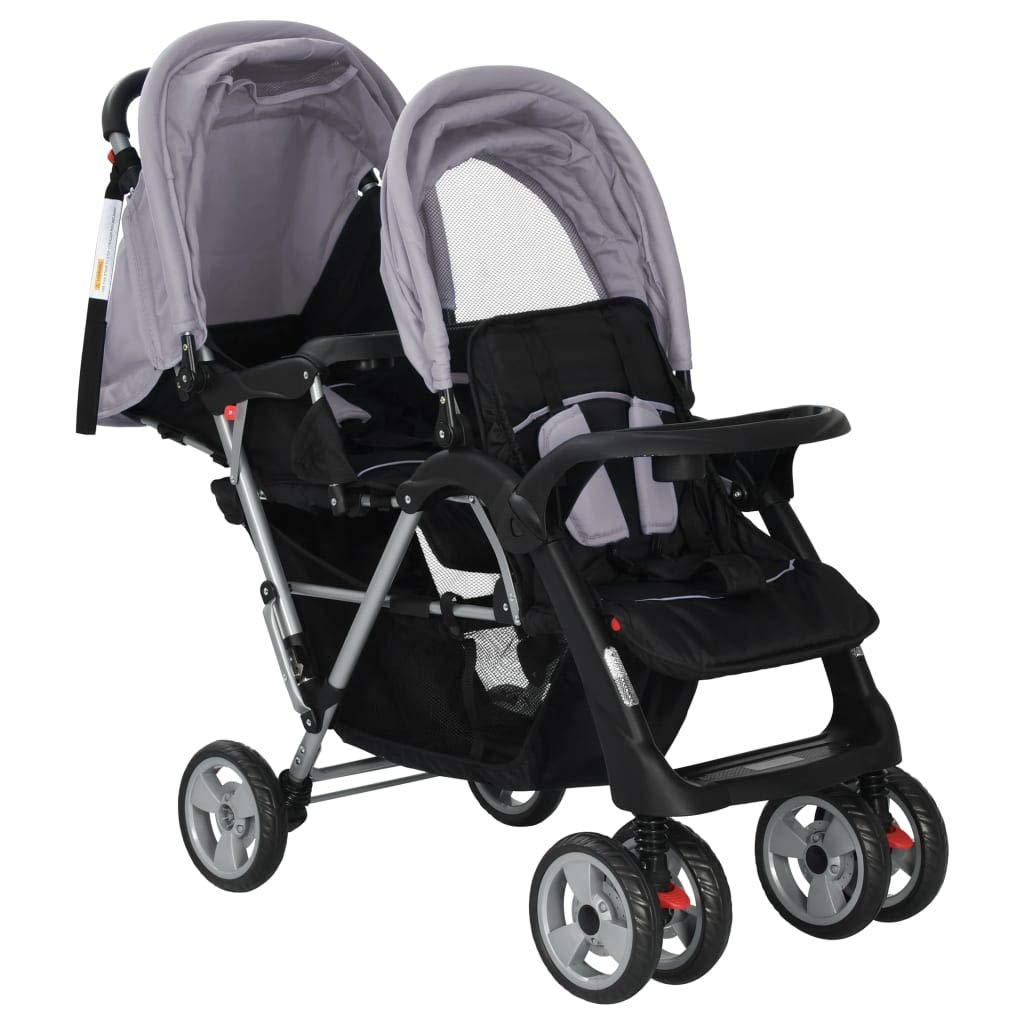Kavolet Passeggino gemello, gemello, passeggino tandem per 2 bambini, passeggino da viaggio, passeggino 2 in 1, grigio e nero, 122,5 x 53,5 x 111 cm, in acciaio