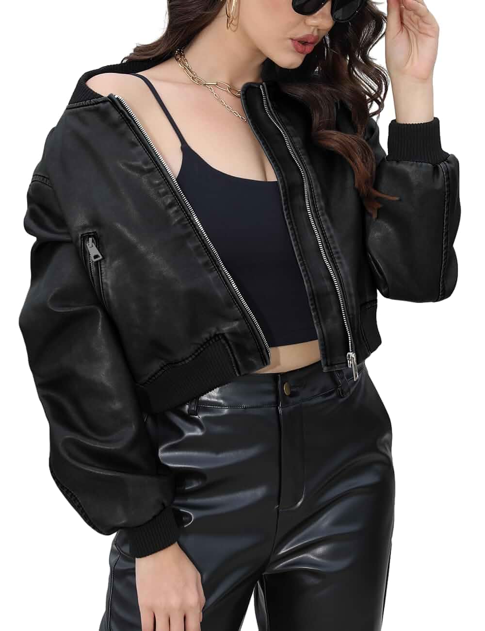 Bellivera Women's Cropped Faux Leather Jacket Bomber PU Moto Coat Lightweight Lined Zip Up Aviator Bike Outwear Cute Short Spring Fall Edgy Vintage Outfit for Casual Rock Concert