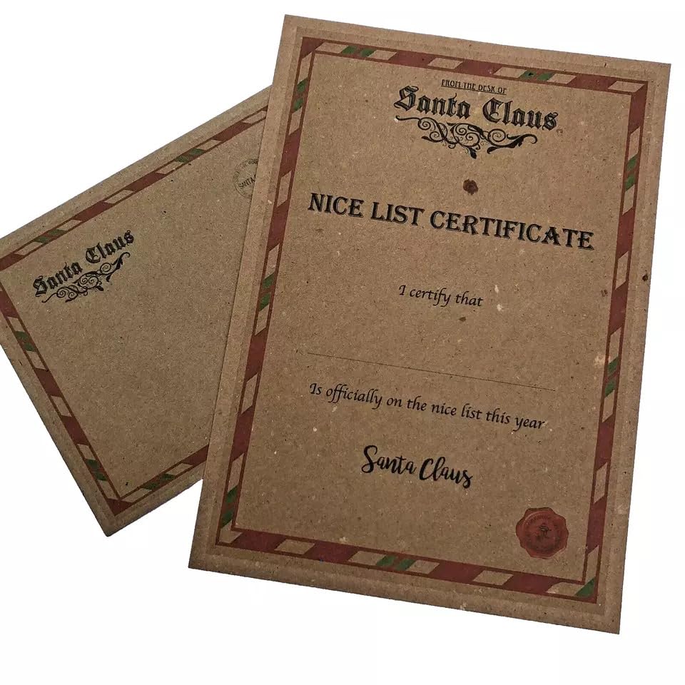 20 x Santa Claus Nice List Certificate, Kraft Paper, 30.5 cm x 22.9 cm