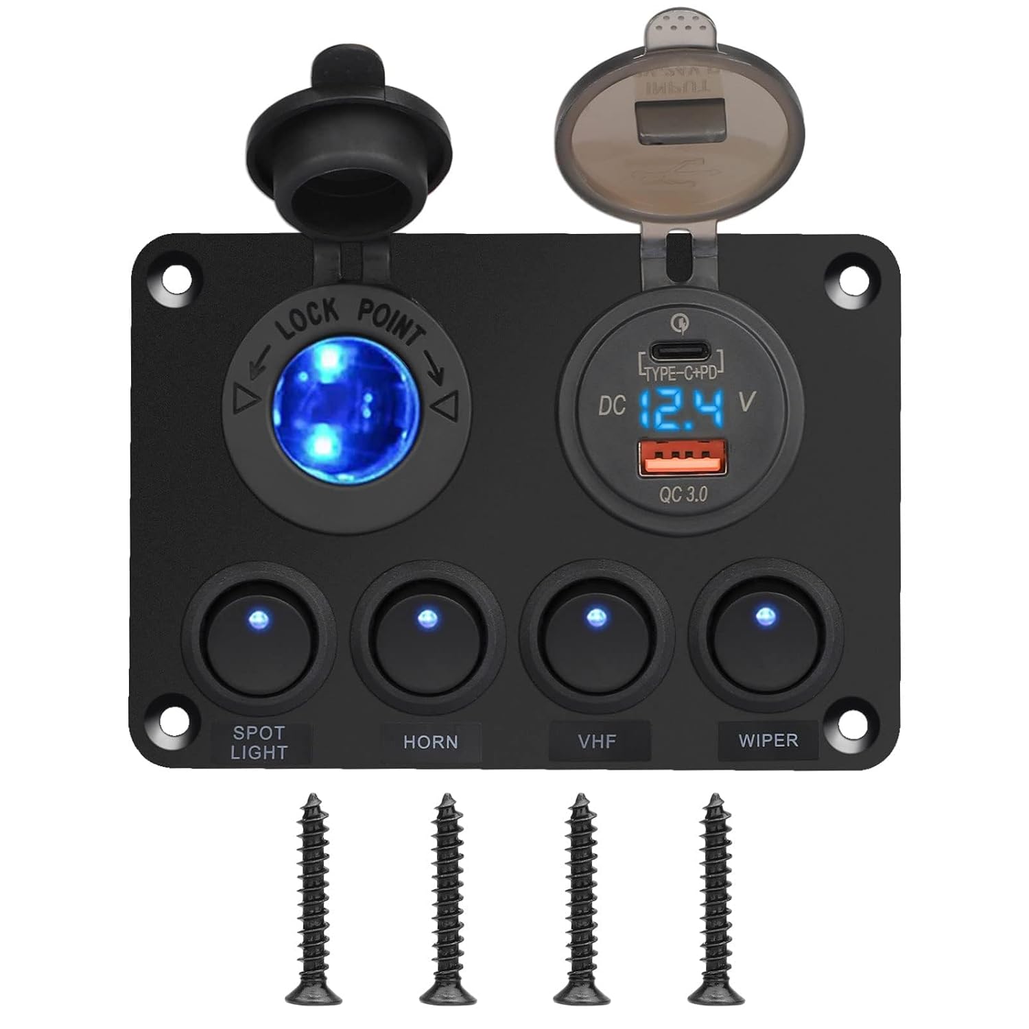Linkstyle 12V Switch Panel, 18W USB A Port & 45W USB C Port, Cigarette Lighter Socket with Digital Voltmeter & 4 Toggle Switch for Car Marine RV Boat Truck