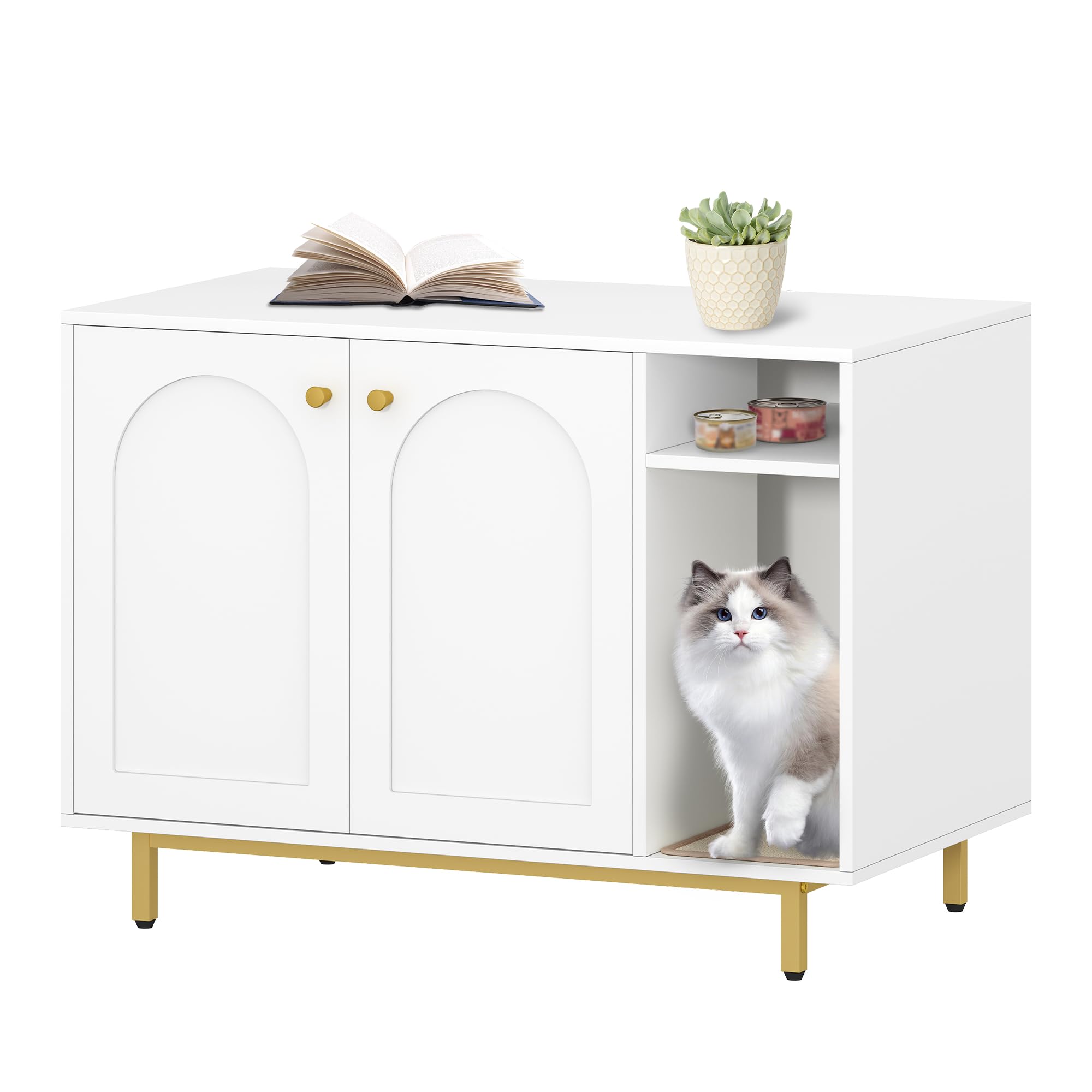 Cat Litter Box Enclosure, Hidden Litter Box Furniture, Wooden Pet House Side End Table, Storage Cabinet Bench for Living Room, Bedroom, 39.4 x 21.7 x 28.3 Inches, White and Gold CB84903A