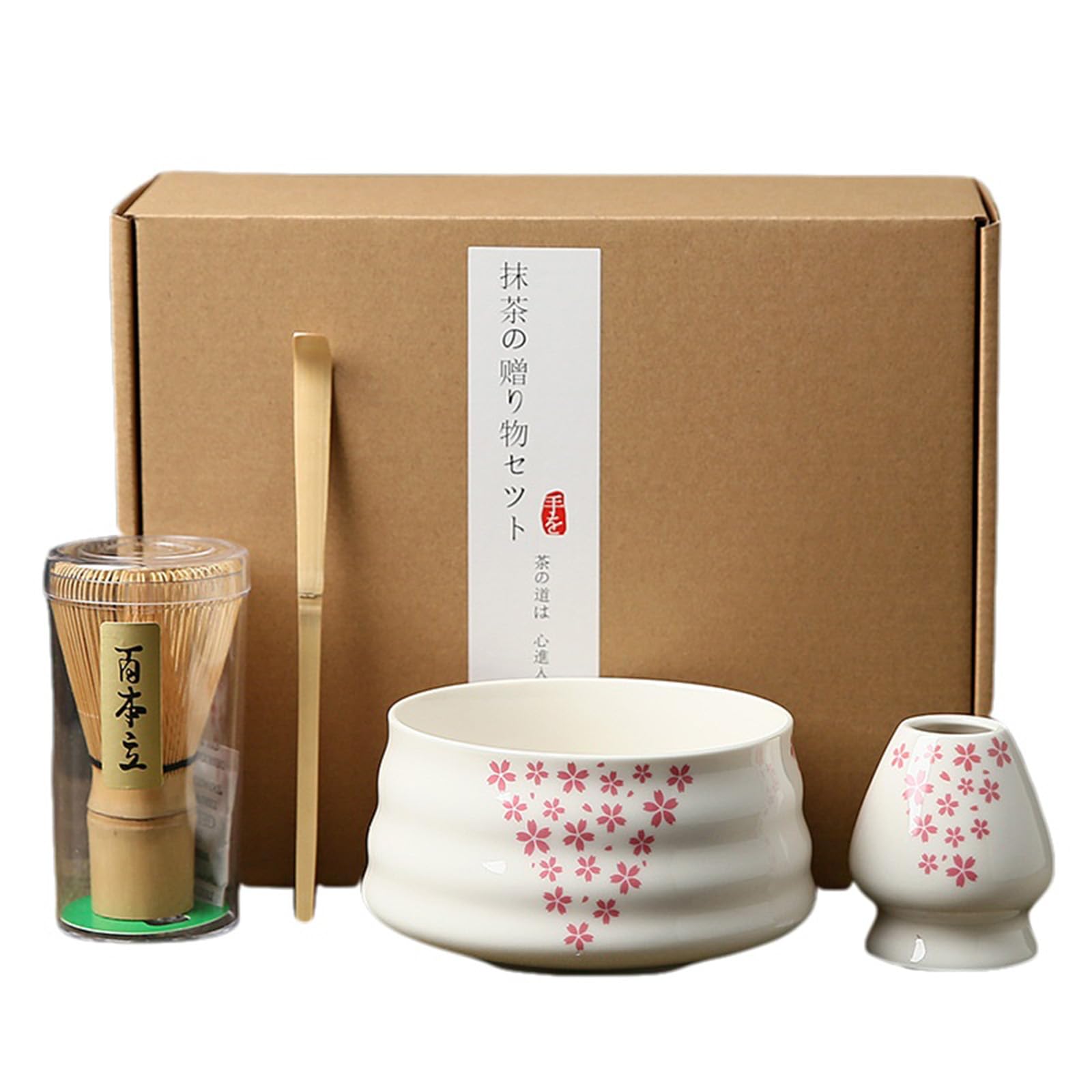 Matcha Set 4-Piece Cherry Blossom Bowl Chasen Chasaku Stand Gift Box