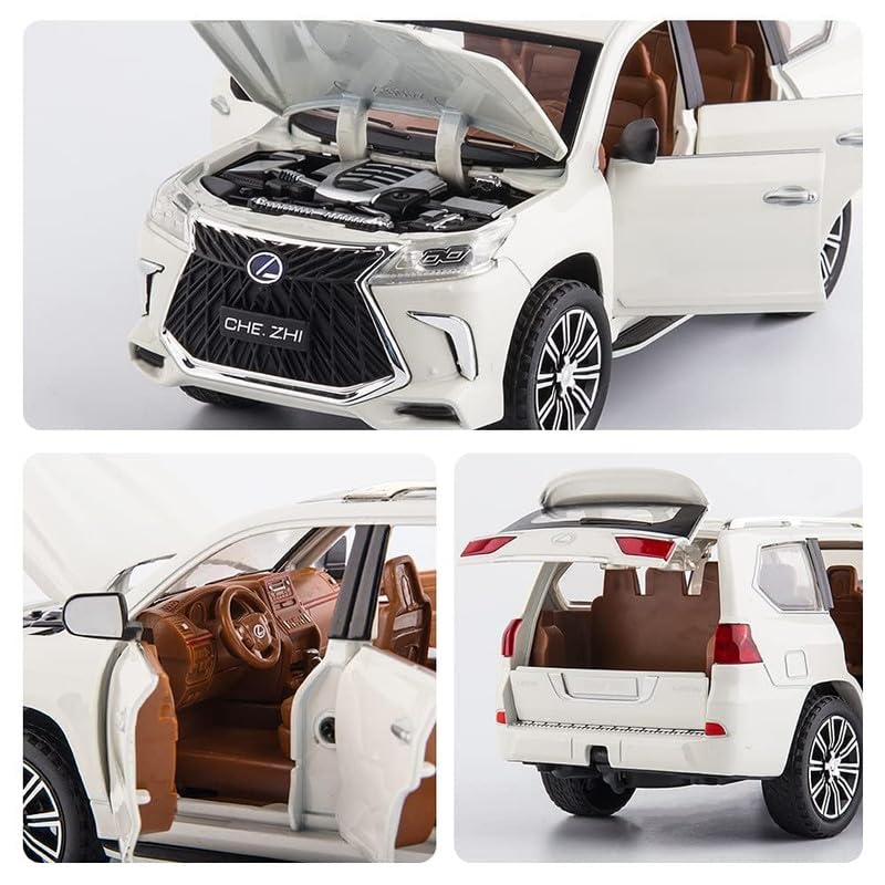 Image of Kids Model 1:24 Lx570 Die Cast Metal Car Pull Back Action Opening Doors with Realistic Engine Sound Lights Toy Car Gift for Boys - White