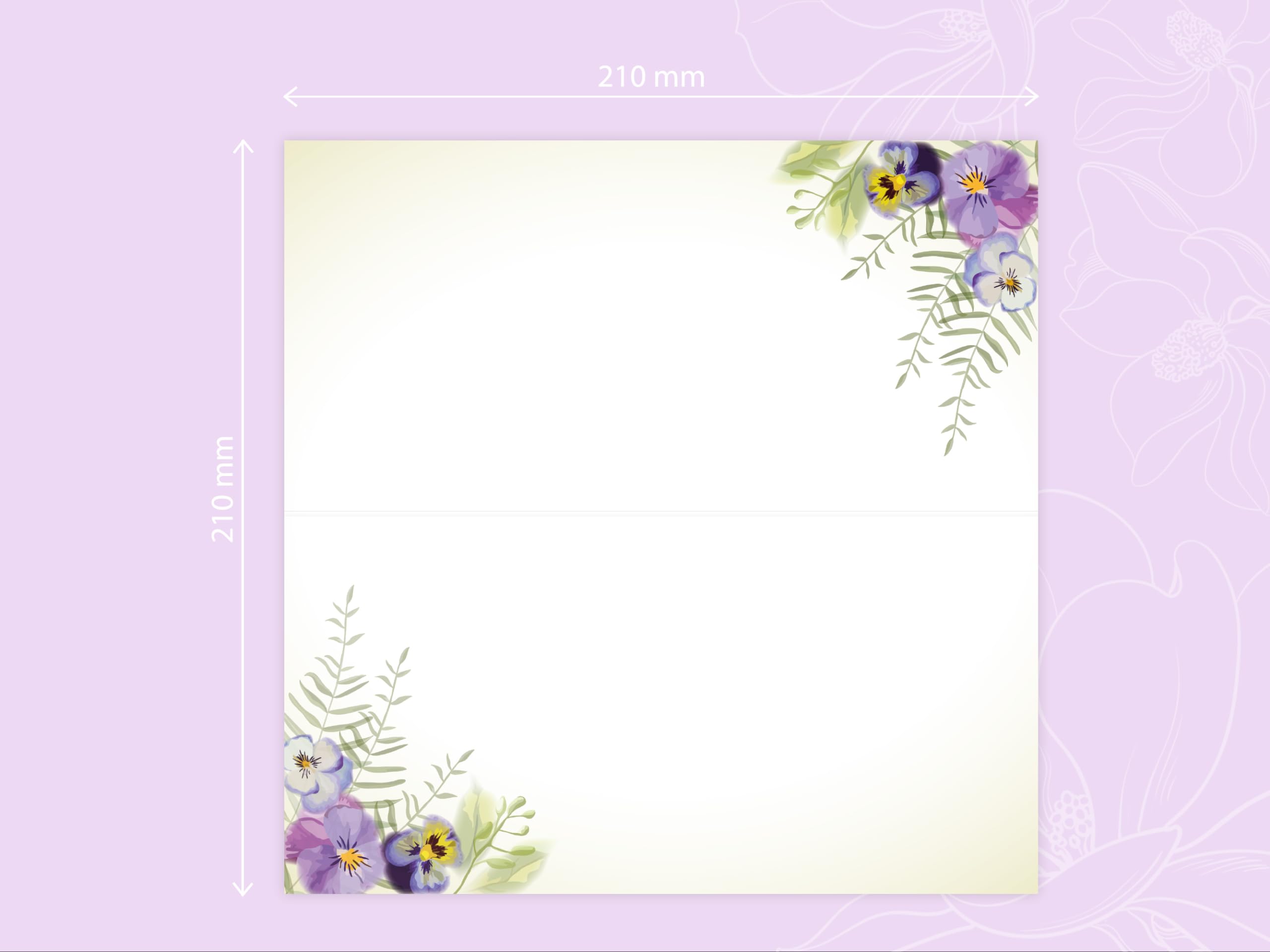 250 Einladungskarten für Hochzeit, Standesamt, Geburtstag, Konfirmation, Kommunion, Jugendweihe, Taufe, Geburtstag Jubiläum. Klappkarten DIN lang (21 x 10,5 cm). Blumenmuster Veilchen Viola Pastell