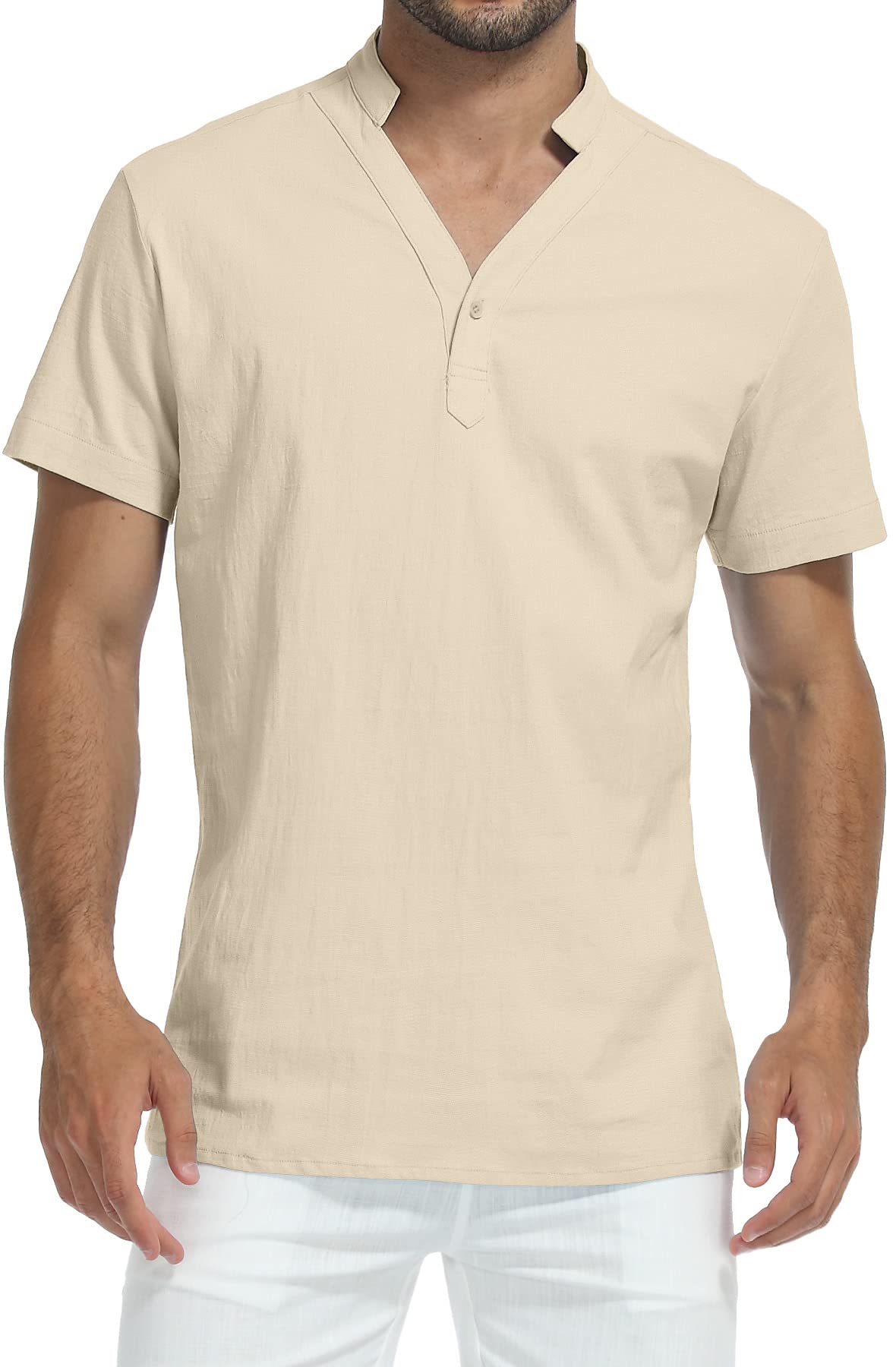 MLANMMen's Cotton Linen Henley Shirt Short Sleeve Hippie Casual Beach Shirts Hawaiian T Shirts