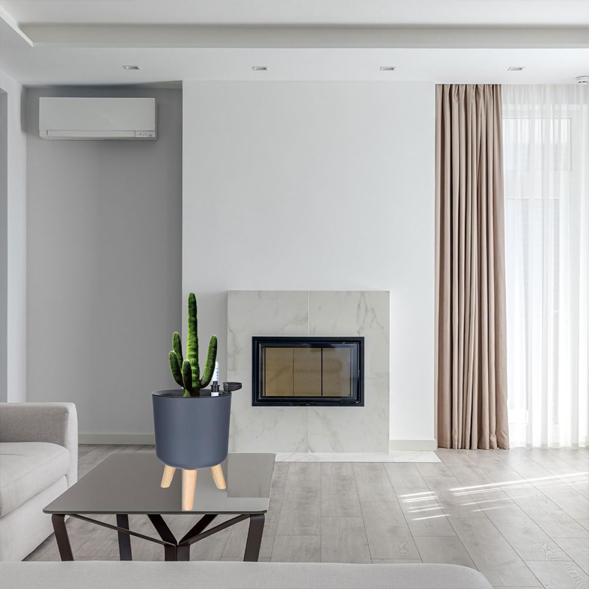 SEWACC Selbstbewässernder mit Holzbeinen Pflanztopf Runder aus Kunststoff und Wasserstandsanzeige Moderne r Blumentopf für Balkon und Garten
