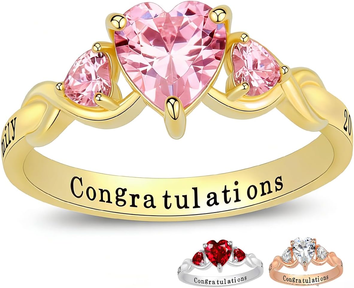 PhaedraOona Custom Class Rings - Personalized Women's Graduation Rings, Sterling Silver, Size 5-15, Cubic Zirconia Birthstone