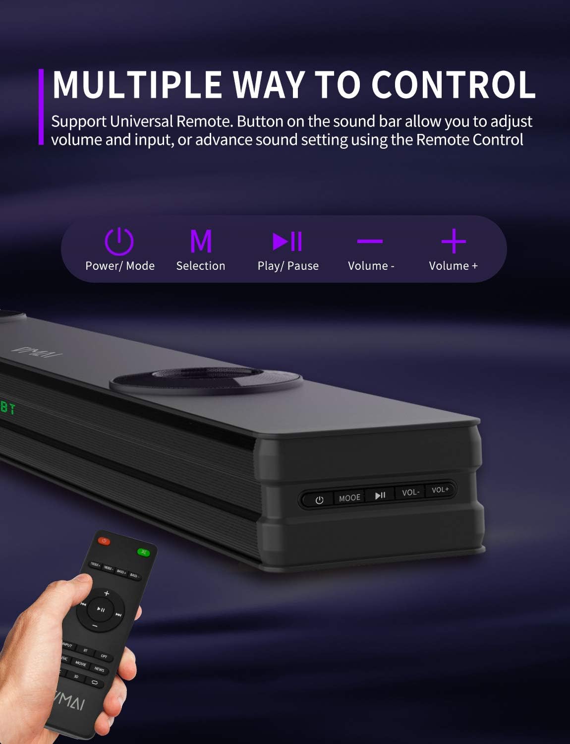 VMAI Sound Bar with control buttons and remote control