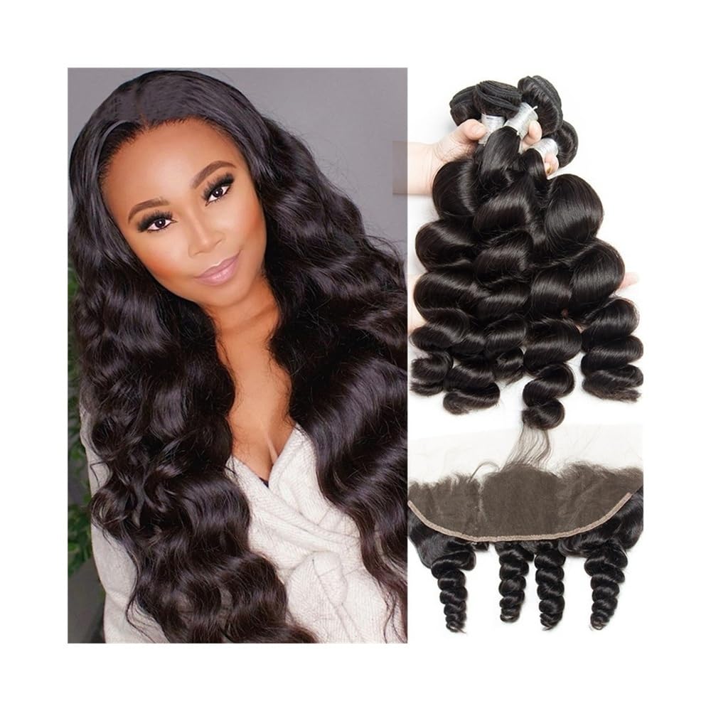 Codzienne użytkowanie Zestaw 3 peruwiańskich włosów ludzkich Remy Loose Wave z zamknięciem z przodu, 13 x 4, wstępnie depilowana linia włosów na imprezę (16+18+20+Closure 14)