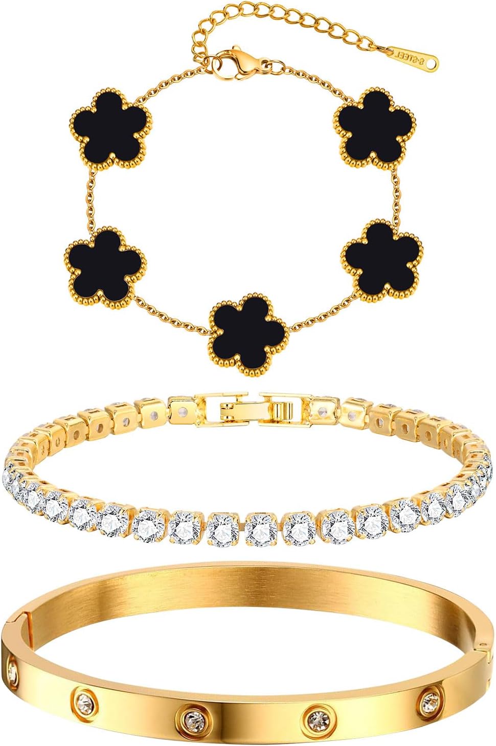 Womens stackable floral gold bracelets 3pcs 18K plated stainless