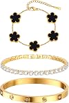 Womens Stackable Floral Gold Bracelets - 3Pcs 18K Gold Plated Bracelet,Stainless Steel Bangle Bracelets Non Tarnish, Gold Bracelet Set Trendy Jewelry,Christmas Valentines Birthday Gifts for Girlfriend