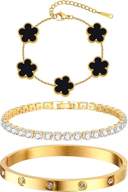Womens Stackable Floral Gold Bracelets - 3Pcs 18K Gold Plated Bracelet,Stainless Steel Bangle Bracelets Non Tarnish, Gold Bracelet Set Trendy Jewelry,Christmas Valentines Birthday Gifts for Girlfriend