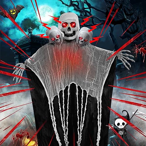 Halloween Decorations Outdoor, 51in Realistic Halloween Skeleton with 3 Skulls and 6 Glowing Eyes, Voice-Activated Screaming Animated Hanging Ghost, Halloween Decor for Indoor Garden Yard Party