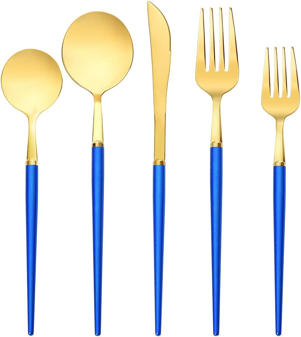 Artthome Cutlery Set - Silverware Set for 4 - Stainless Steel Royal Blue Gold Silverware Utensil Set with Knife Forks and Spoons Non-Slip, Non-Toxic Spoons and Forks Set and Safe-Edge Knives 20 Pcs