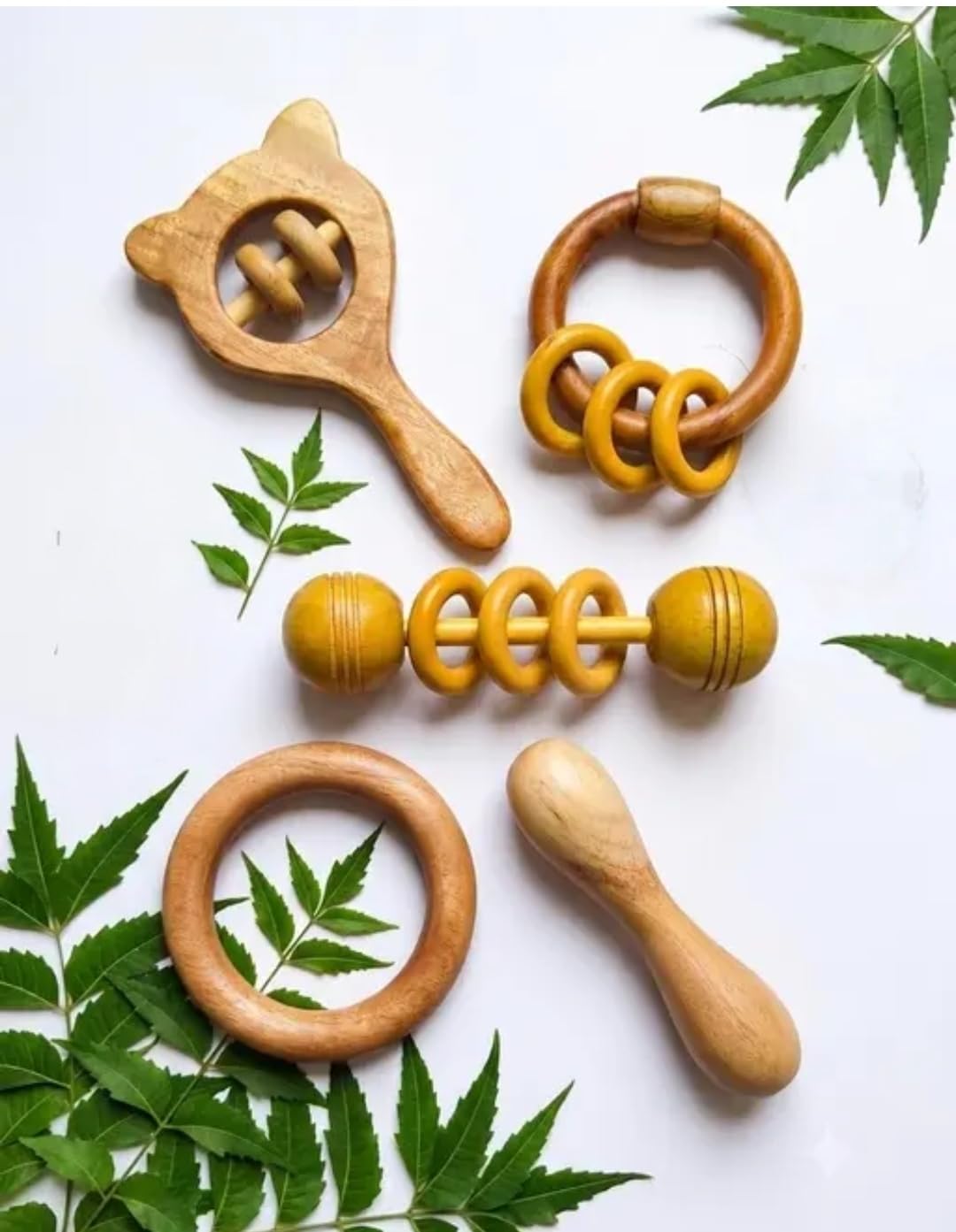 Wooden neem Teether Set, Natural Wood Baby Rattles and Teethers, Newborn Sensory Toy Kit-image-37