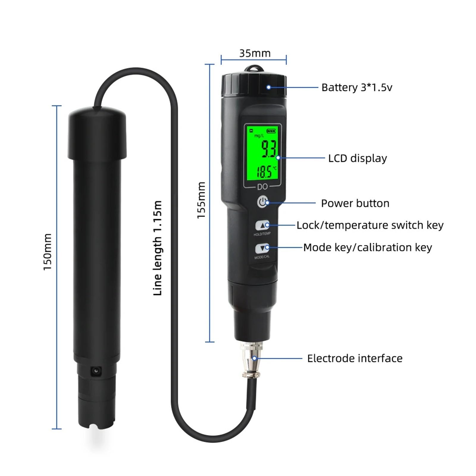 KOSBO Medidor Digital de oxígeno disuelto, 0,0-40,0 MG/L, medidor de oxígeno disuelto en Agua con electrodo A-TC y Fluido de llenado, for acuarios, estanques y acuicultura.(DO Tester 1.2M)
