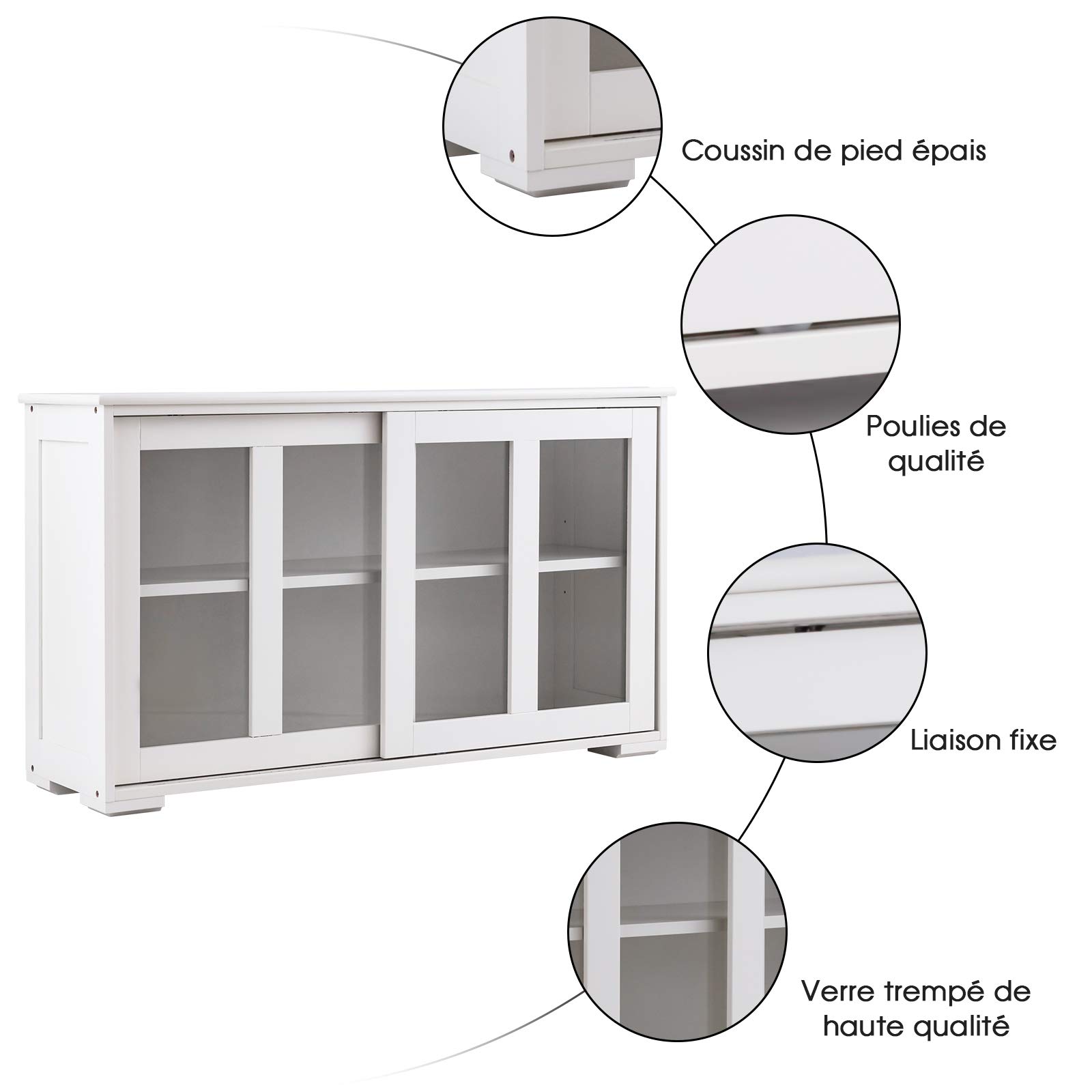 Buffet De Cuisine 2 étagères Réglables - Meuble Rangement Bas 107x33x62.5cm, Porte Coulissante, Blanc/brun - 11