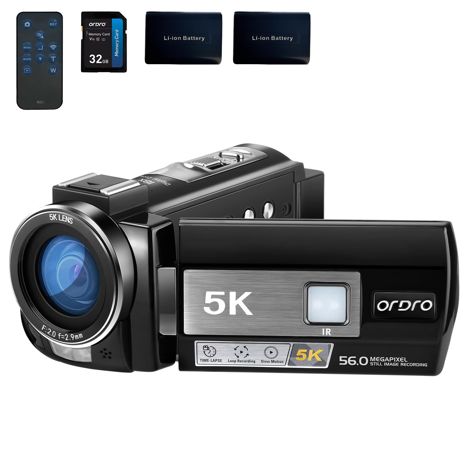 ORDRO 5K Video Camera Camcorder WiFi Night Vision Vlogging Camera for YouTube, 4K Camera 56MP 18X Digital Zoom Video Camera with 32G Card & 2