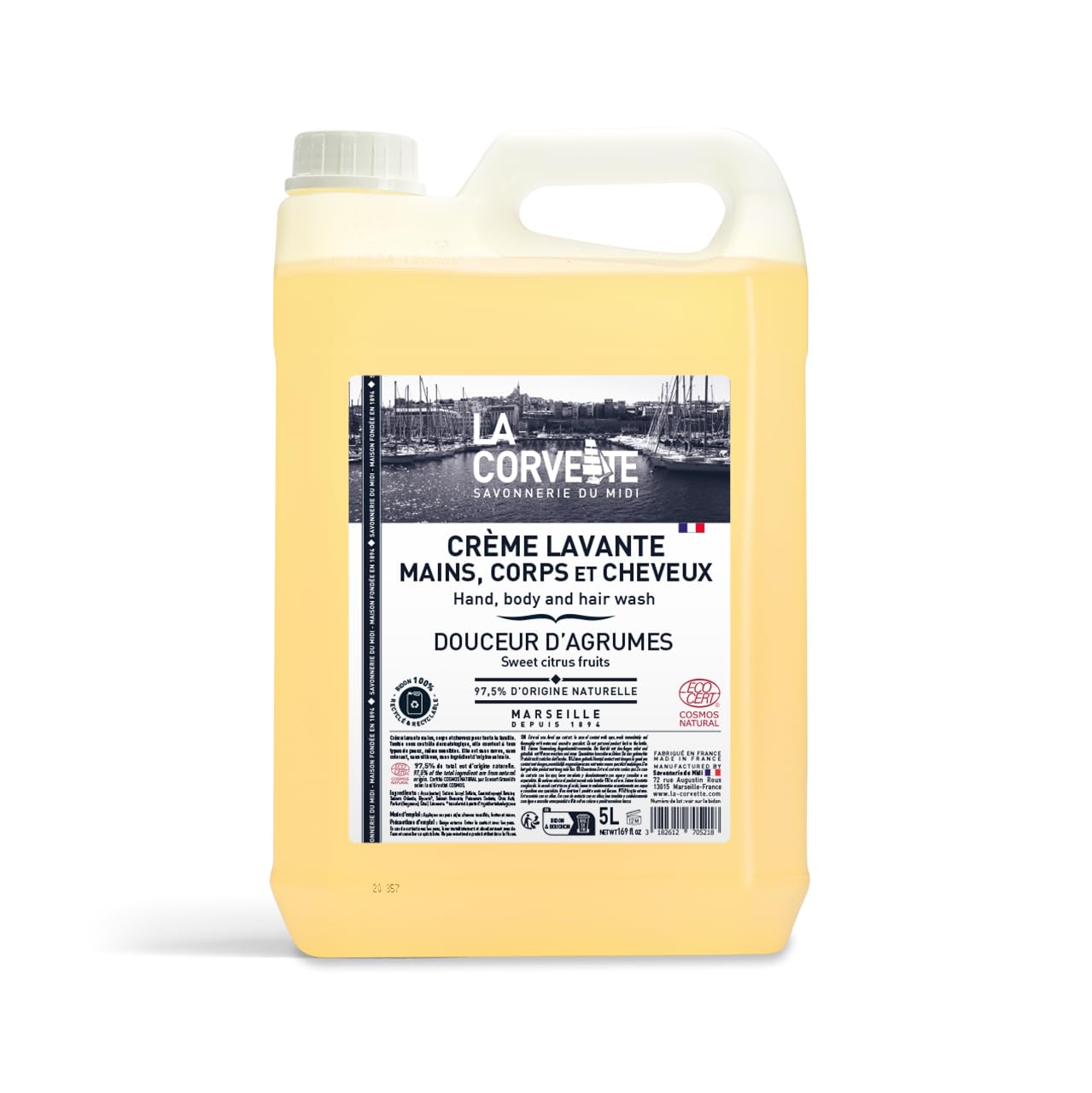 La Corvette - Crème lavante 3 en 1, mains, corps et cheveux Douceur d’Agrumes – 5 L – COSMOS Natural – Format économique