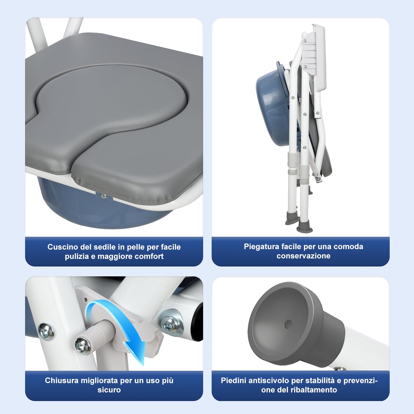 supregear Sedia Da Toilette Pieghevole, Sgabello Da Bagno/doccia con Altezza Regolabile E Secchio Rimovibile, Seduta Imbottita E Meccanismo di Sicurezza, Comodino per Anziani, Disabili, Grigio