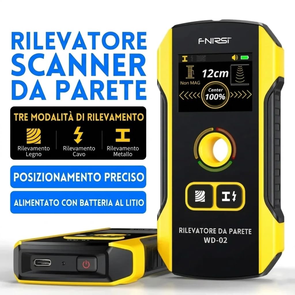 Rilevatore da Parete Professionale FNWD02 – istruzioni in Italiano - Scanner Muro per Cavi Elettrici, Tubi e Armature – Display TFT HD, USB-C, Precisione Millimetrica fino a 120 mm