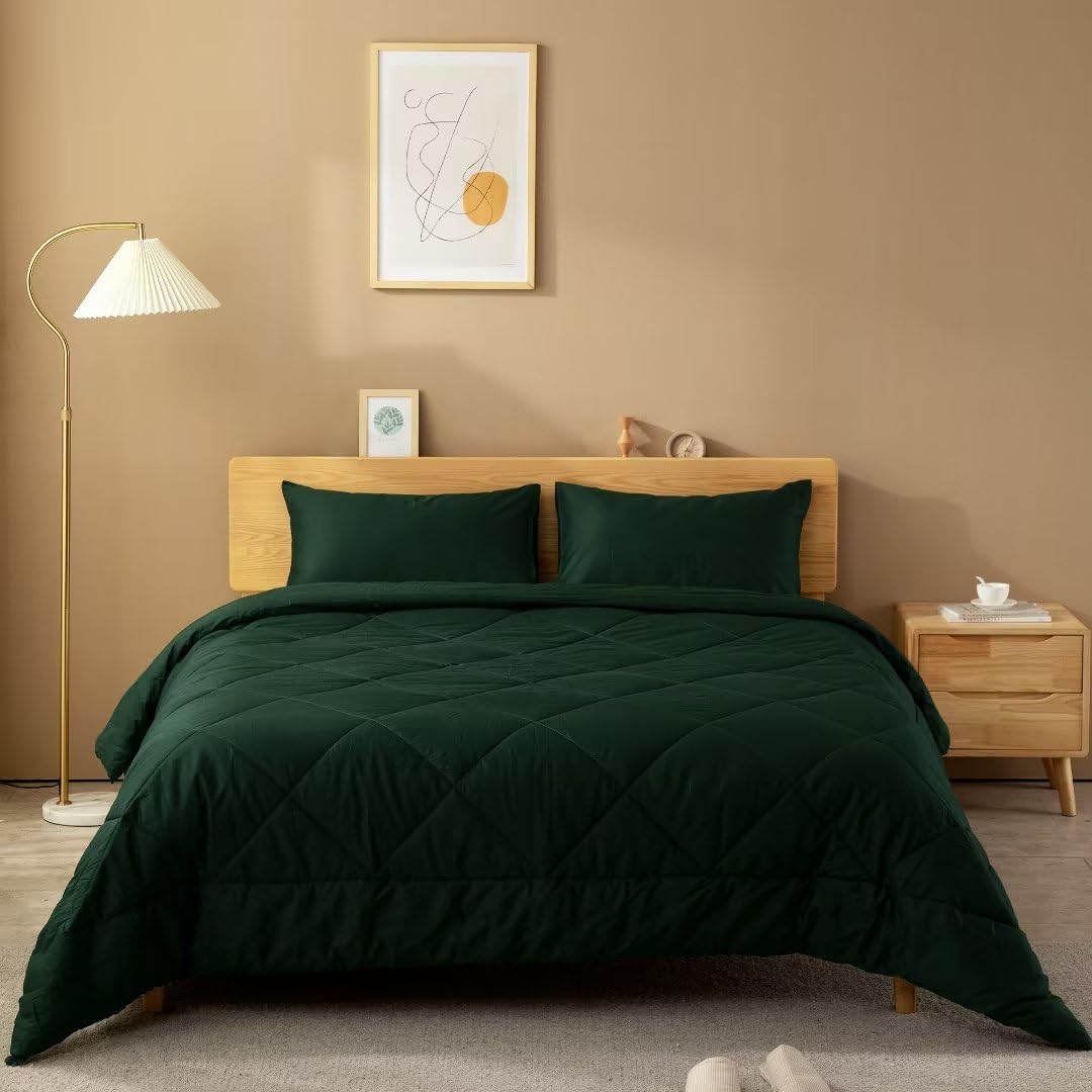 ATsense King Size Comforter Set, 3pcs 100% Cotton Dark Green Solid Color Simple Luxurious Comforter Set, Soft Warm Forest Emerald Green Comforter King Size for All Season with 2 Pillowcases