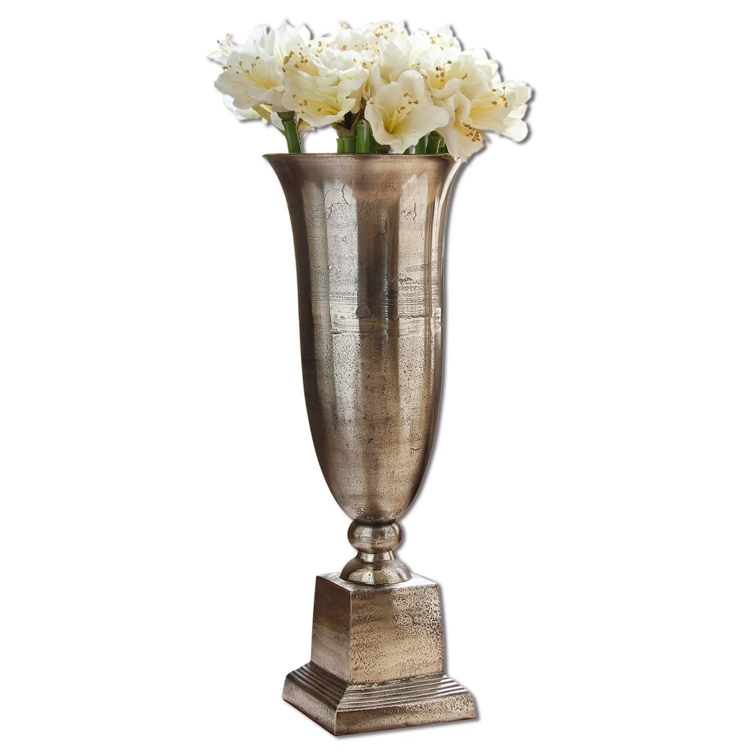 Loberon Bodenvase Belfort, antiksilber | handgearbeitet, Klassische Pokalform, matt gebürstet, imposante Höhe, Wohn-Accessoire, Aluminiumguss