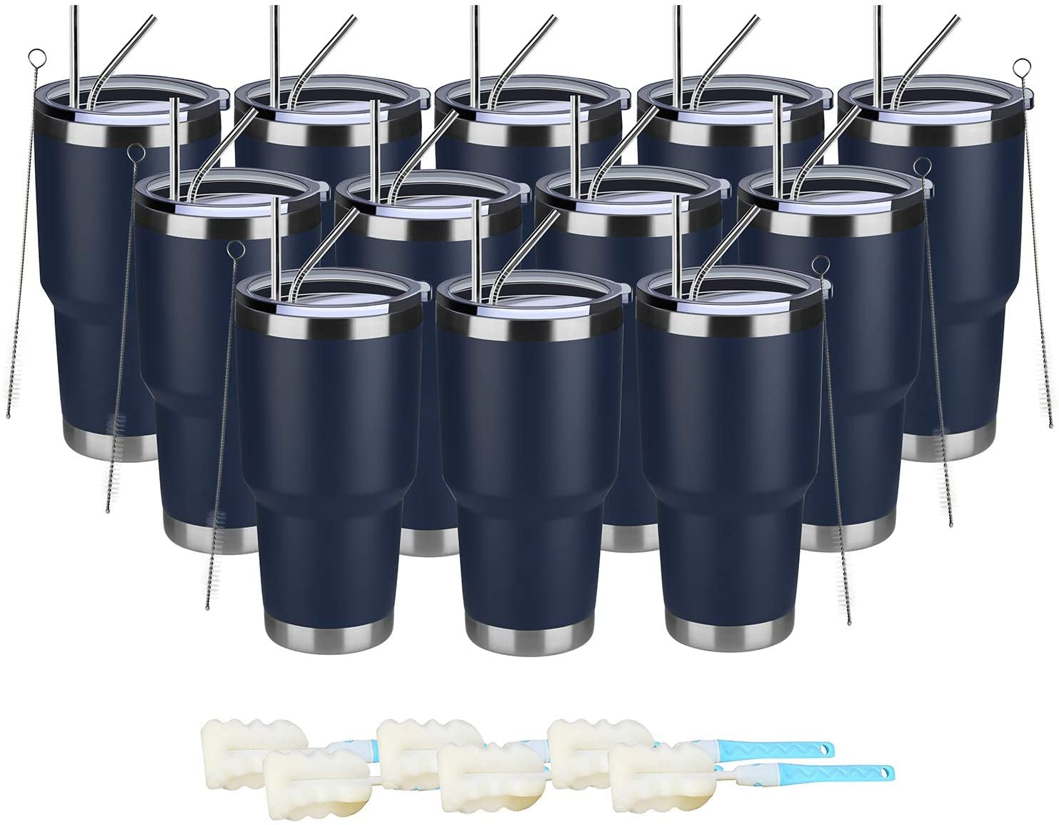 MEWAY 30oz Insulated Tumbler With Lids and Straws,Stainless Steel Double Vacuum Coffee Tumbler Cup, Brush, Durable Powder Coated Coffee Cup for Cold & Hot Drinks, Office, Travel(Navy,12 PACK)