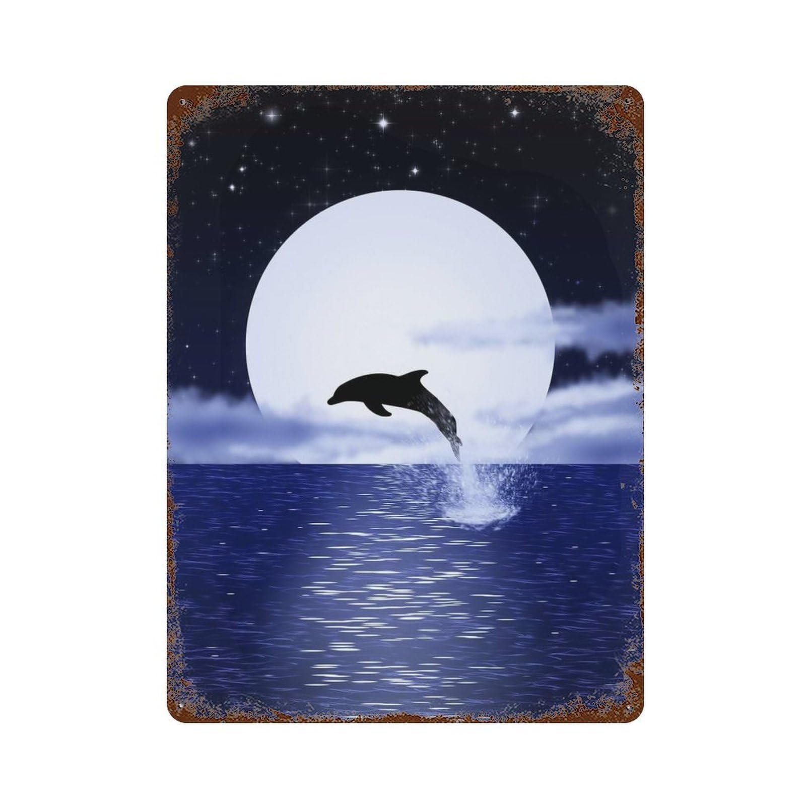 Rusty Metal Tin Sign Dolphin over The Moon 15.7"x11.8", Rustic Home Decor for Shed, Workshop And Garage Wall Decor