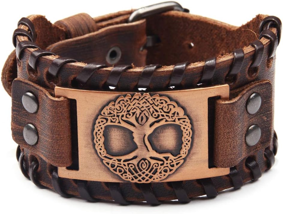 AZORAViking Bracelet Bangle - Mens Adjustable Buckle Leather Cuff Bracelet Handmade with Nordic Amulet - Celtic Pagan Jewelry of Talisman
