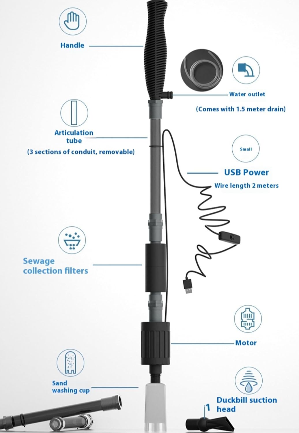 USB-Powered Automatic Electric Aquarium Water Changer, Gravel Cleaning Sand Washing & Debris Vacuum Tool for Fish Tank