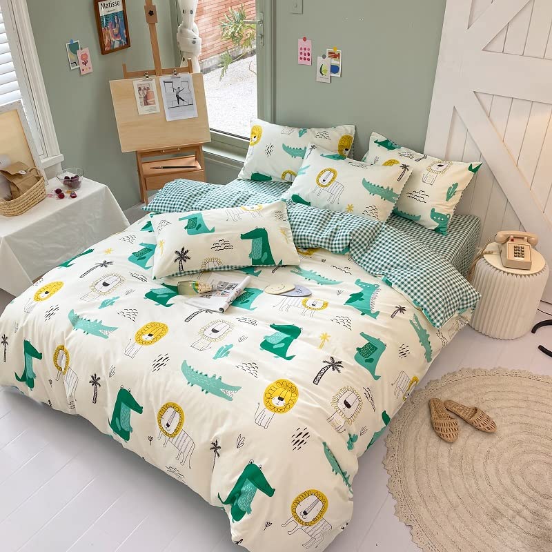 Biancheria da letto in 100% cotone - Taglia singola per bambini, ragazzi e ragazze - Motivi: Animali dei cartoni animati. Copripiumino con stampa di coccodrillo e leone, verde, per tutta la stagione