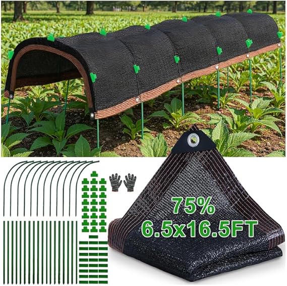 Upgraded Garden Shade Kit with black shade cloth, poles, clips, connectors, and gloves