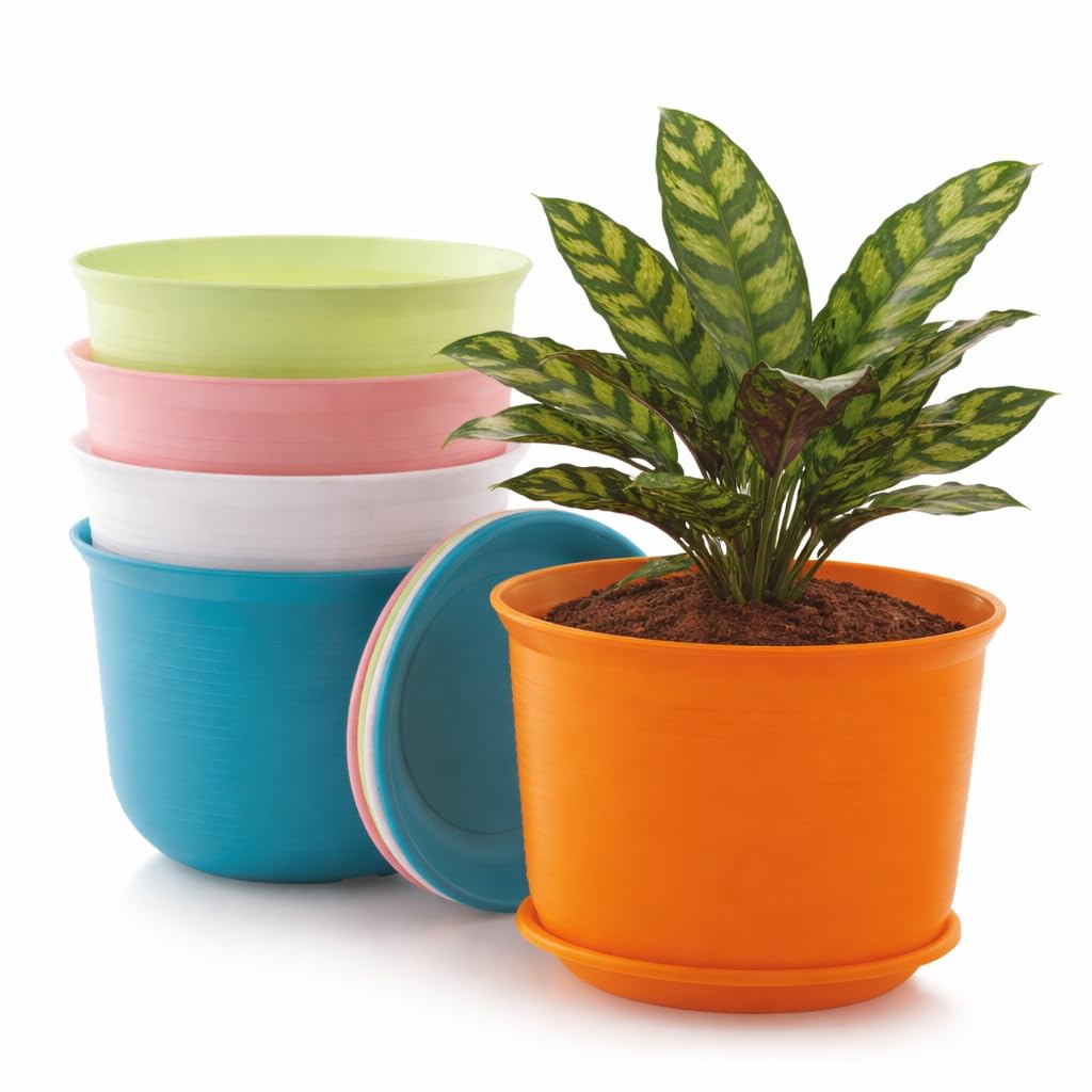 INKULTURE 10 Inch Plastic Round Flower Pots with Tray for Home Planters, Terrace, Garden Etc | Pack of 05 | Multicolor | for Home Indoor & Outdoor Gardening Plants-image-47