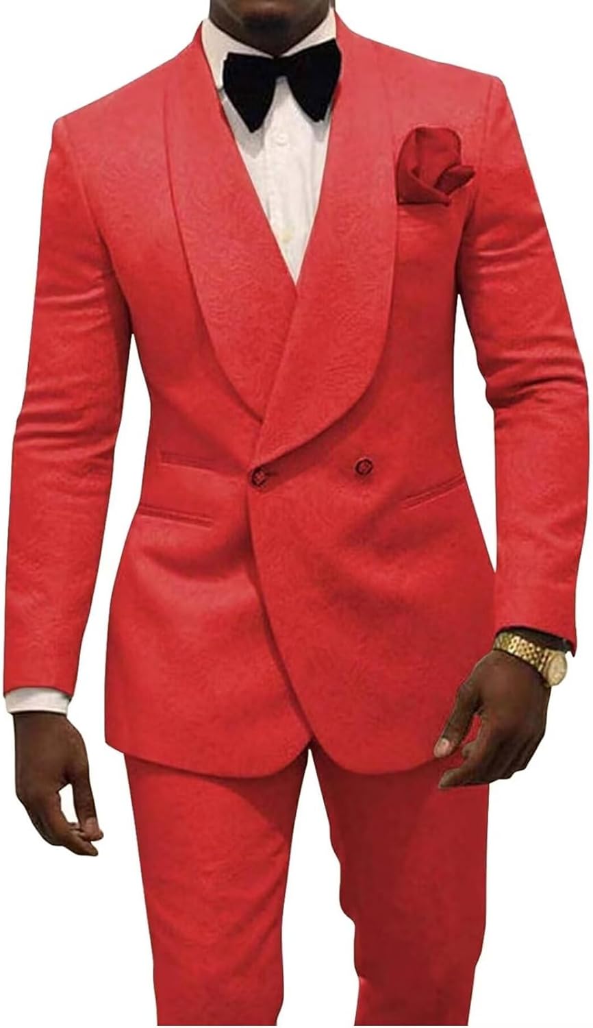2 Piece Jacquard Suits for Men Wedding Jacquard Shawl Lapel Groom Suit Slim Fit Formal Business Mens Tuxedo Blazer Pants