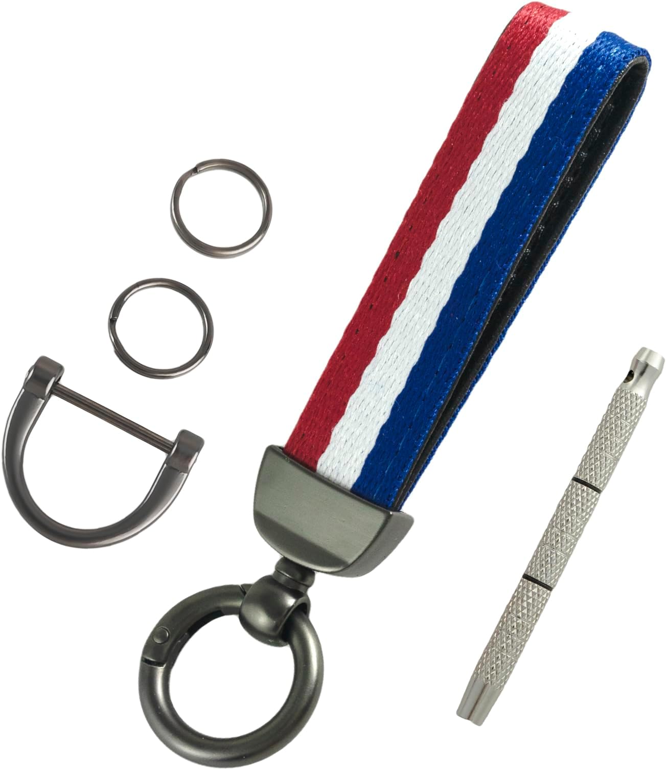 2 Layers Stripes Inner Leather Car Keychain Keys Organizer with Screwdriver & Keyrings,Anti-Lost D-Ring,Universal Key Fob Holder Multitool Key Chains for Men Women-Red White Blue+Grey