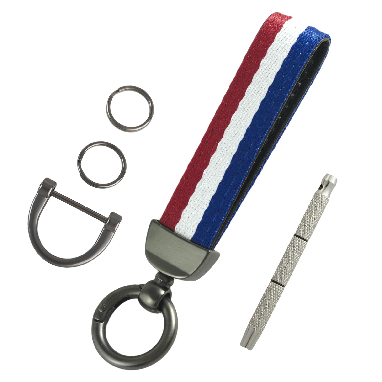 2 Layers Stripes Inner Leather Car Keychain Keys Organizer with Screwdriver & Keyrings,Anti-Lost D-Ring,Universal Key Fob Holder Multitool Key Chains for Men Women-Red White Blue+Grey