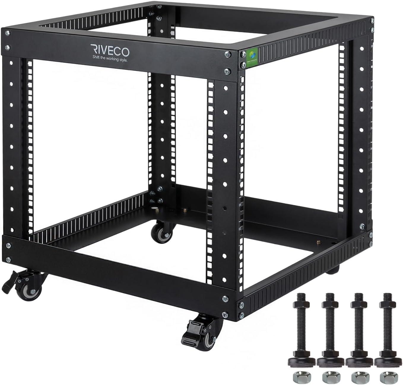 RIVECO 9U Open Frame Server Rack with Casters- Heavy Duty 4 Post Quick Assembly 19-inch, Stereo Rack Network Cabinet Black