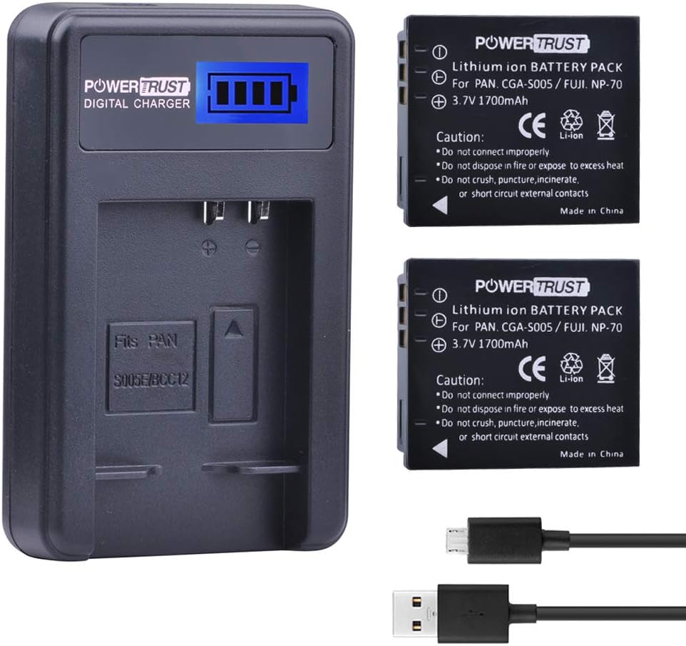 PowerTrust 2 Pack 1700mAh CGA-S005 CGA-S005E Battery and LCD USB Charger for for Panasonic Lumix CGA-S005 S005E DMW-BCC12 and Lumix DMC-FS1 FS2 DMC-FX01 FX07 DMC-FX1 FX3 FX8 FX9 FX10 FX12 FX50