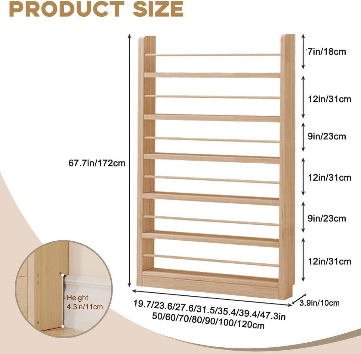 Book Shelf, Behind The Door Bookshelf, Wooden Kids Book Shelf 3/4/5/6 Tier, for Toys and Books, Space-Saving Wall Mount Narrow