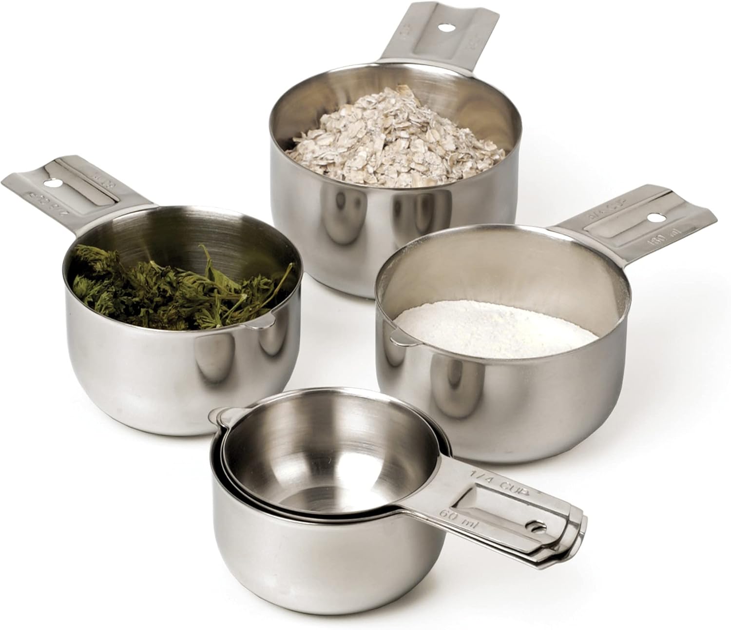 RSVP International Endurance (NCP-6) Stainless Steel Measuring Cups, Set of 6 | 1/4 Cup to 1 Cup Measurements | Nest for Easy Storage | Dishwasher Safe | Dry or Liquid | Baking or Cooking,Medium