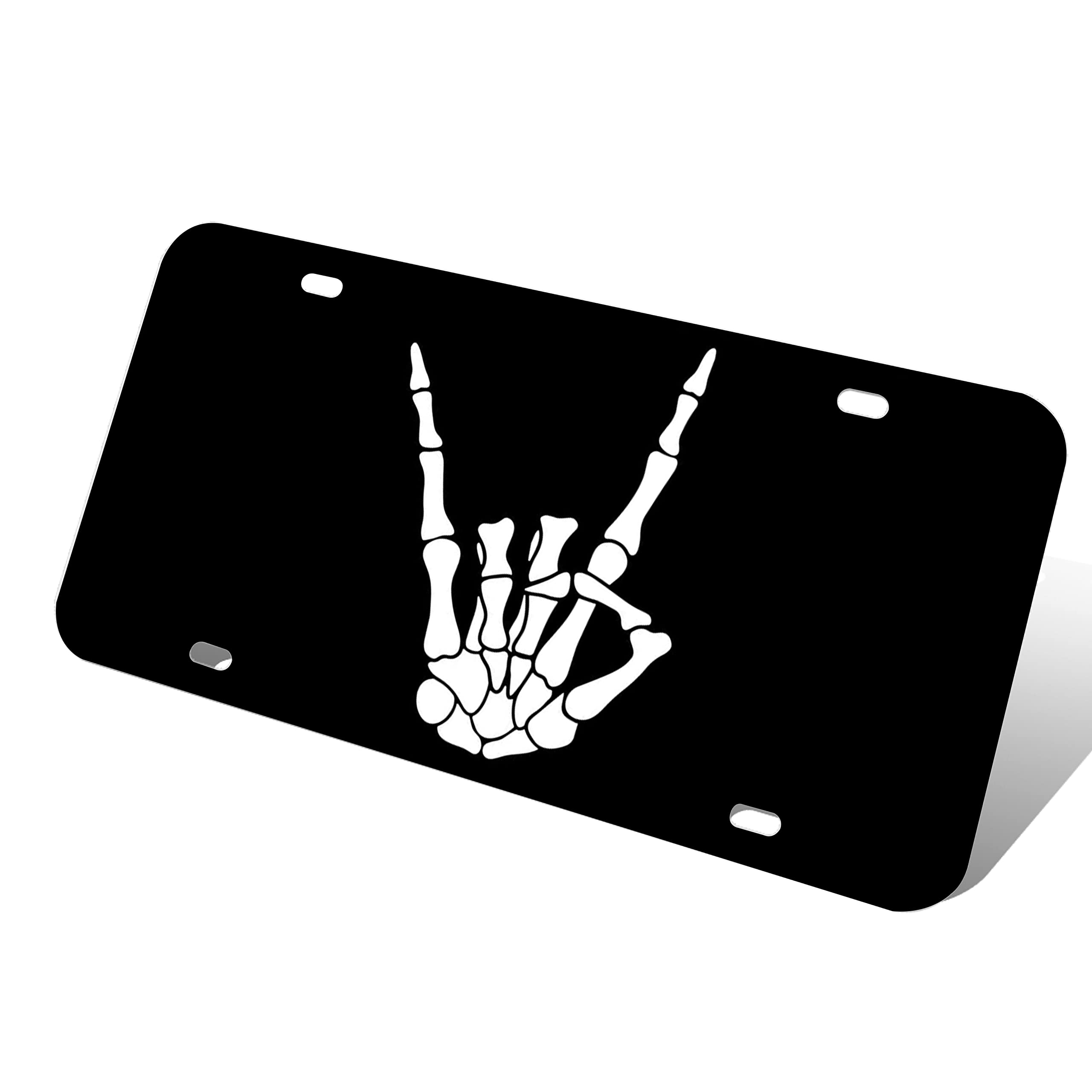 Rock On Skeleton Hand Black License Plate, Car Decor Front License Plates with 4 Holes, Metal Car Plate, Aluminum Noverlty License Plate for Men/Women, 6×12 Inch